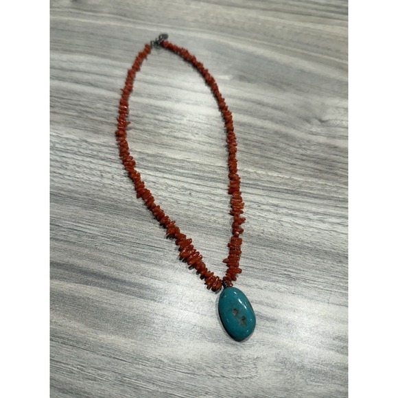 RA Signed Turquoise and Coral Necklace 925 Silver Marked 18" - Picture 5 of 9